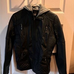 Faux leather jacket with knit hood